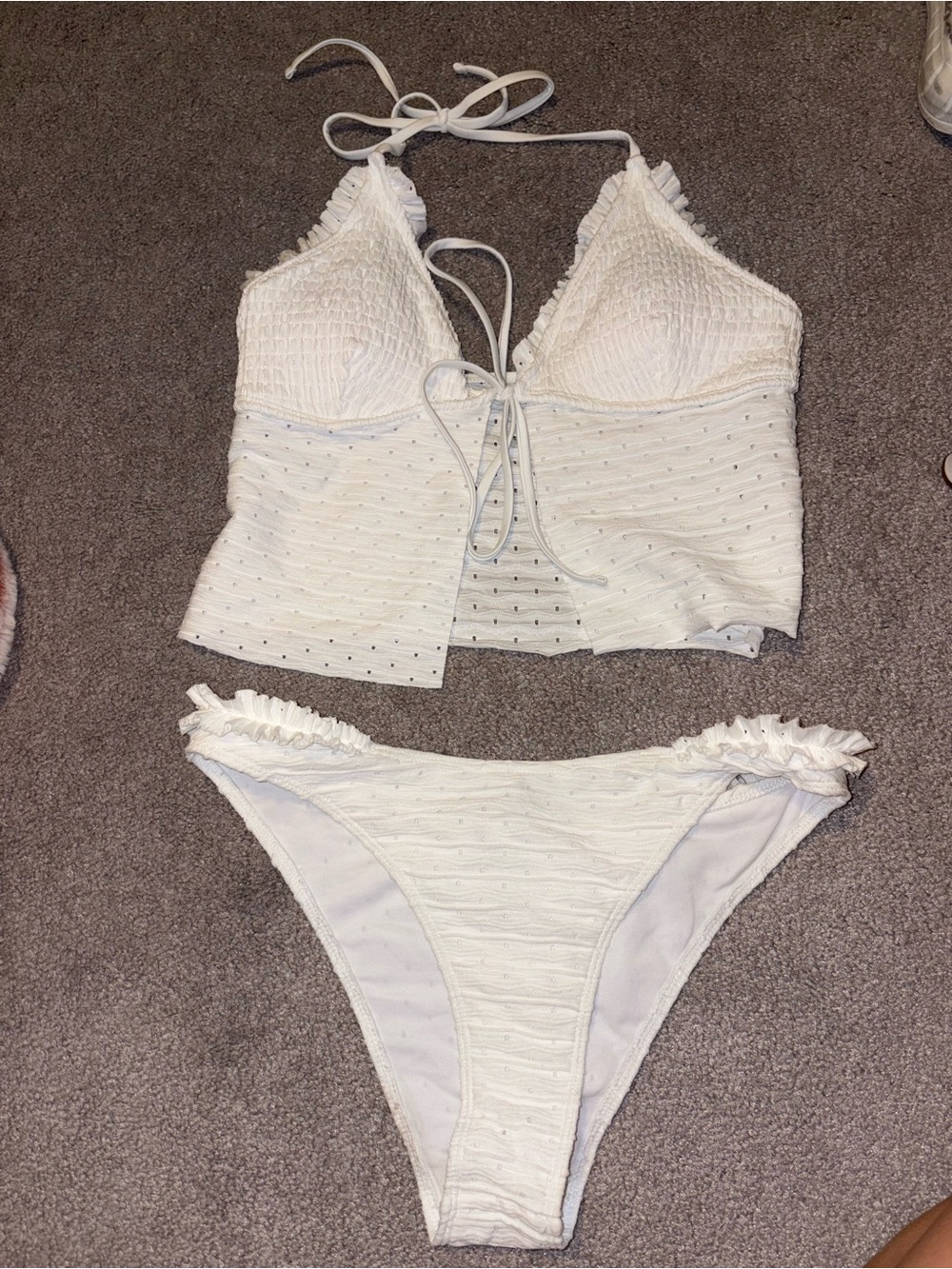 SHEIN White Ruffled Textured Two-Piece Tankini Set